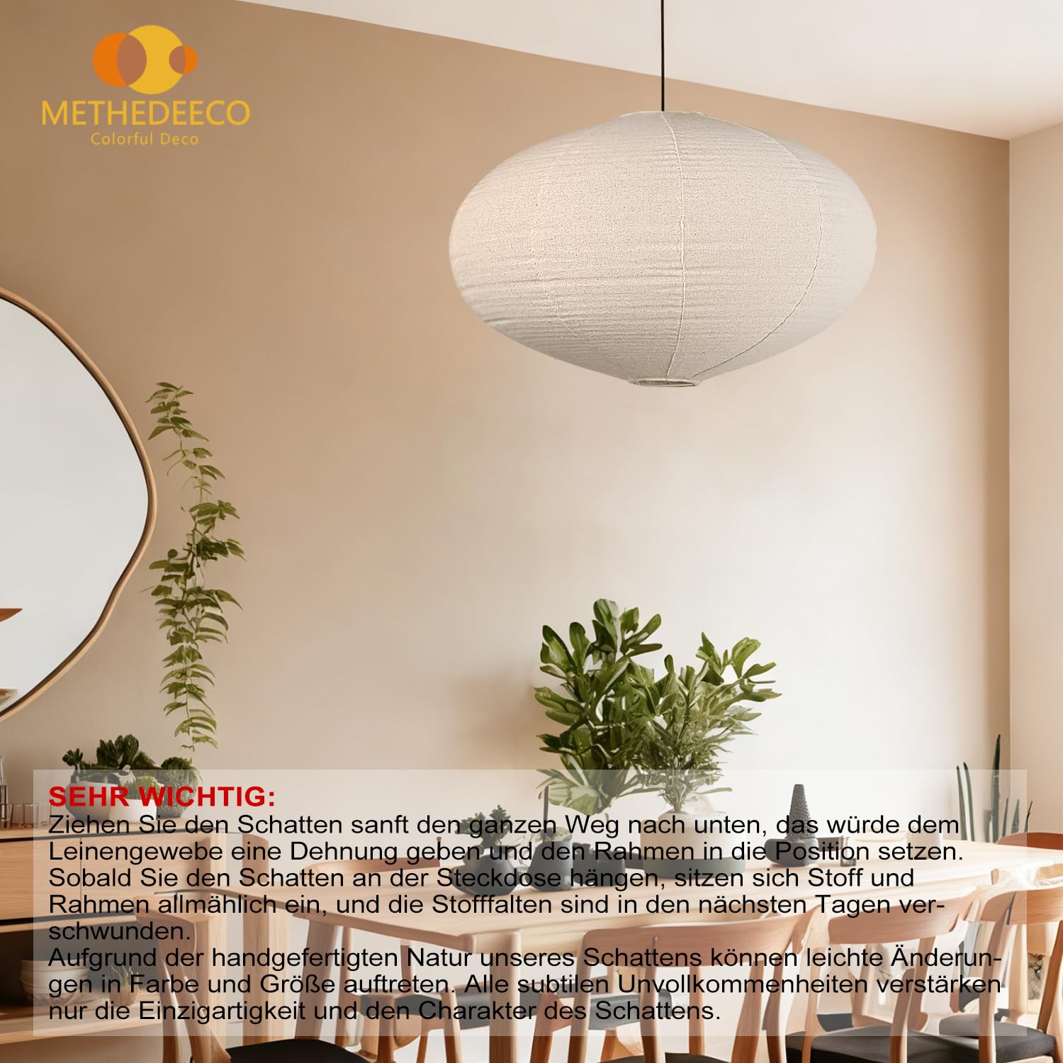 METHEDEECO 1 Pantalla colgante ovalada de 50 cm en tela efecto lino, bohemio pantalla para lámpara de techo para salón, dormitorio y comedor, luz suave, sin bombilla ni cable