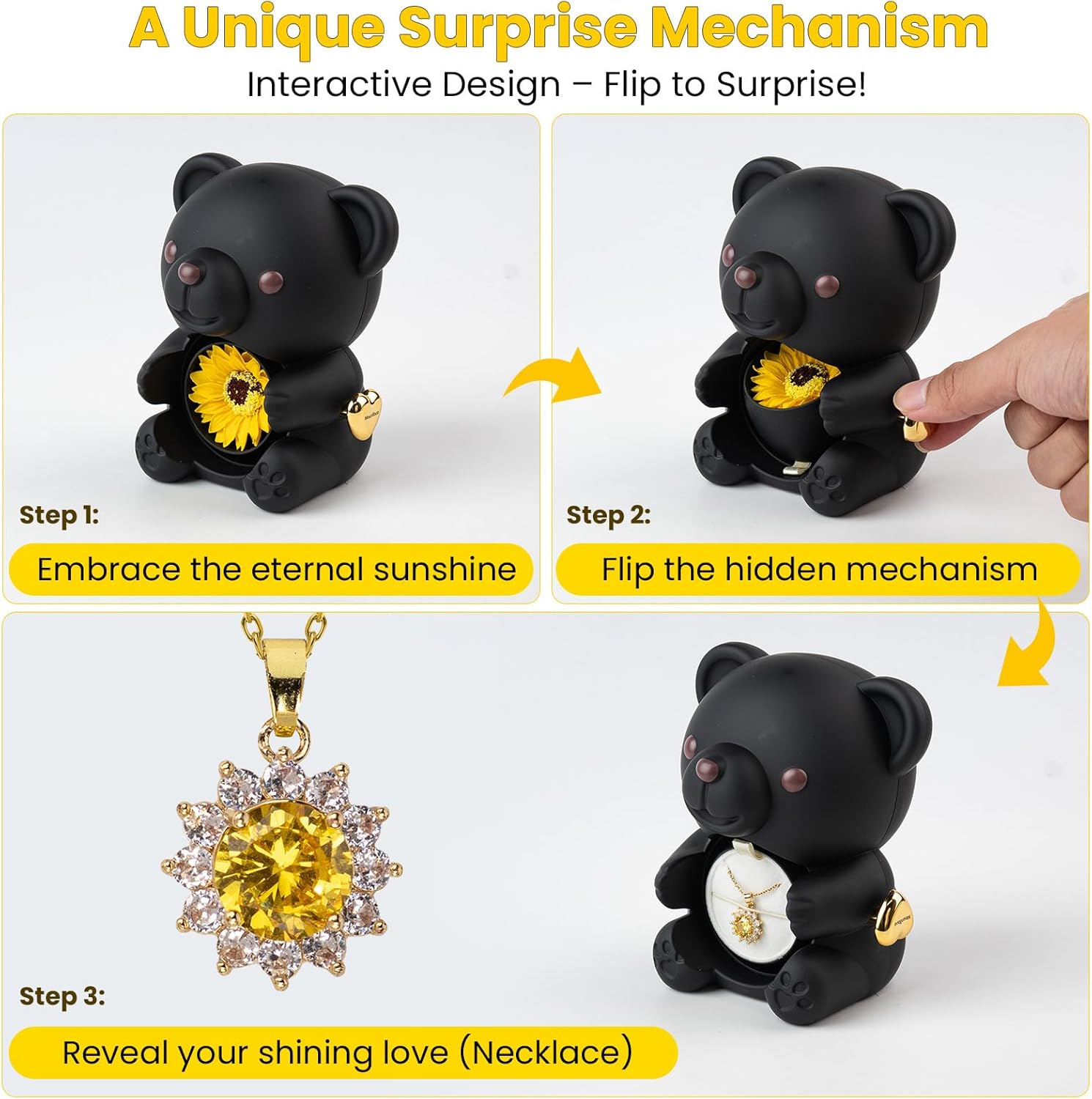 Lucky Sunflower Teddy Bear Jewelry Box with Necklace, Rotating Surprise Design Gift Set for Wife, Girlfriend, Mom, Valentine's Day, Birthday, Anniversary Romantic Gifts for Her(Black)