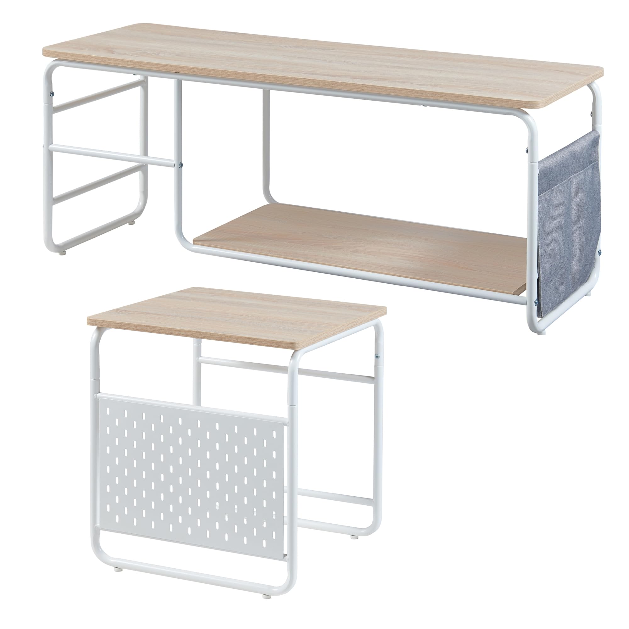 [en.casa] Set 2 in 1 Mobile TV e Tavolino Basso Stand TV e Centri Multimediali a 2 Ripiani 46,5 x 110 x 40 cm e Tavolino Basso Sovrapponibile 52 x 46 x 46 cm Bianco/Effetto Rovere