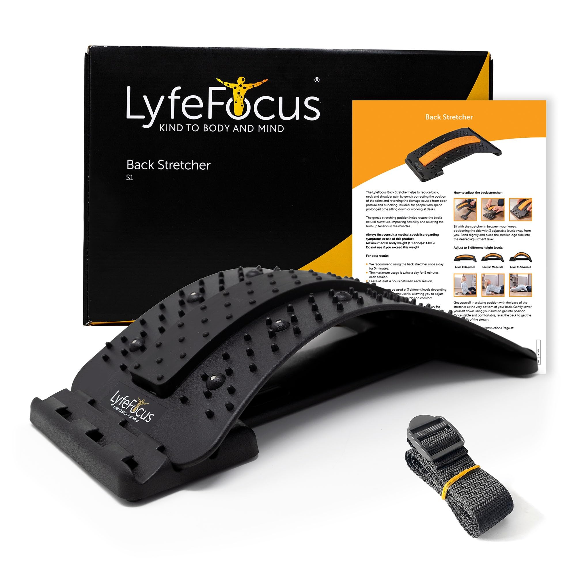 LyfeFocus Back Stretcher & Acupressure Massager for Back & Neck Pain - Comfortable Adjustable Spine Stretcher Posture Corrector - Spine Board Lumbar Support - Magnetic Therapy & Chair Strap (Black)