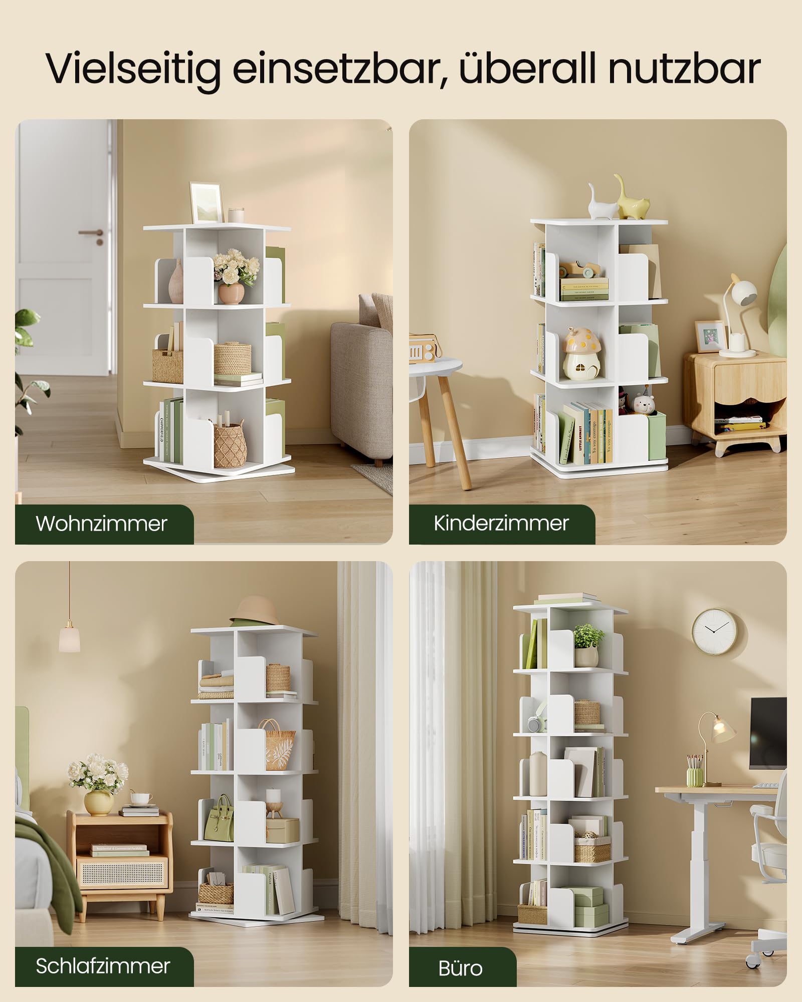 EUGAD drehbares Bücherregal Raumteiler 360° 4 Ebenen 16 Fächer MDF E1 Weiß 39,5x128x39,5cm