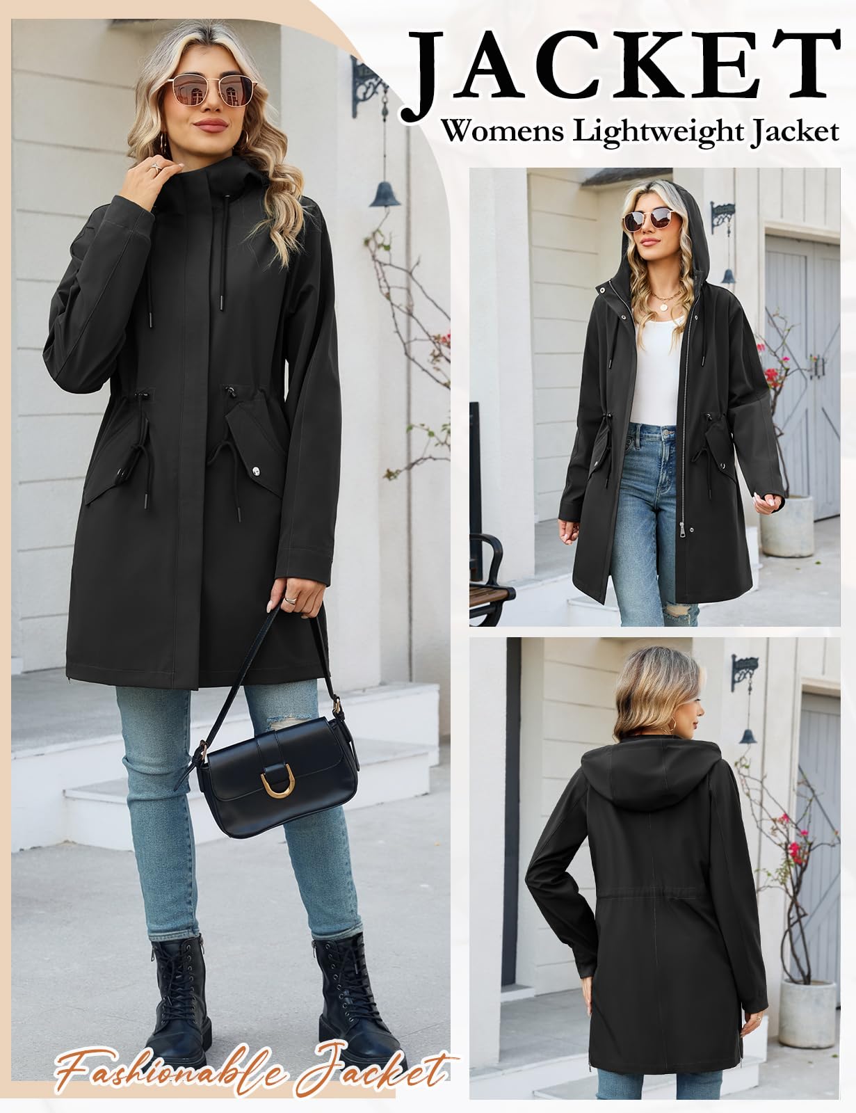 Tuopuda Giubbotto Leggero Donna con Cappuccio Cappotto Lungo con Vita Regolabile Parka Giacca a vento Idrorepellente per la Primavera Autunno
