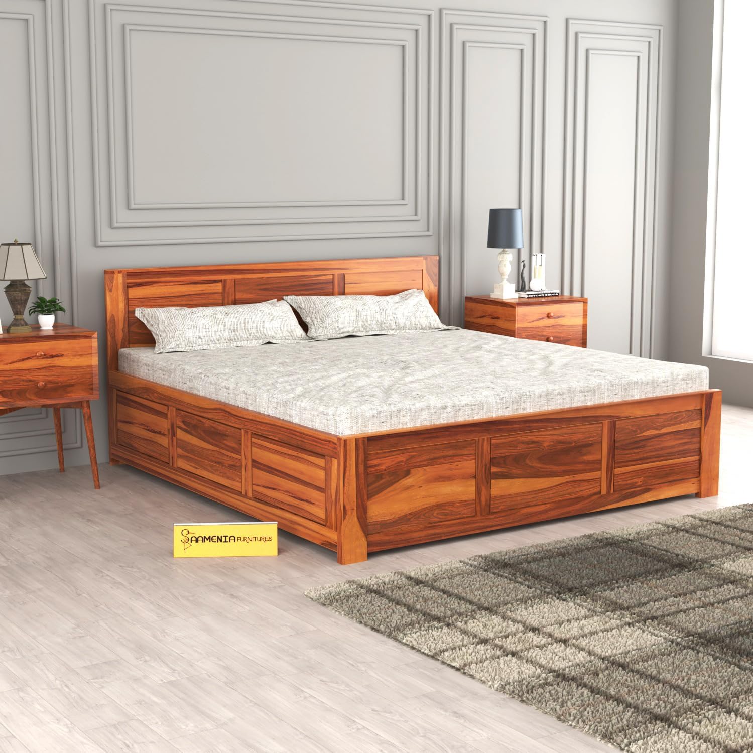 NEW MAMTA FURNITURE Solid Sheesham Wood King Size Bed with Box Storage for Bedroom Furniture Wooden Palang for Living Room Furniture (Honey Finish)