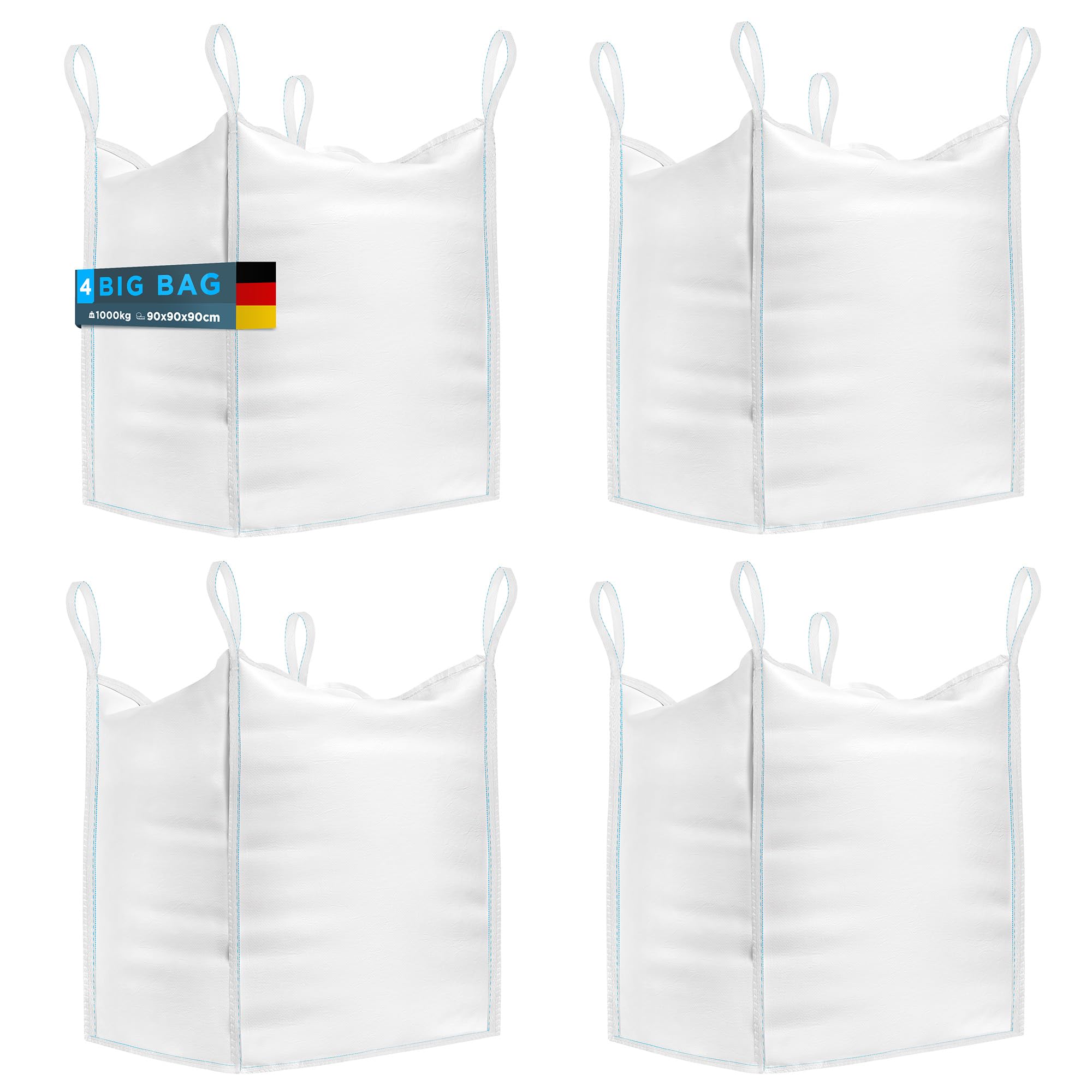 Big Bag Säcke (4 EINHEITEN) 1000kg | Big Pack 90x90x90 cm | Big Pack Garten Widerstandsfähig und Wiederverwendbar | Bigpack perfekt für Baustelle, Garten, Sand, Abfall und Holz