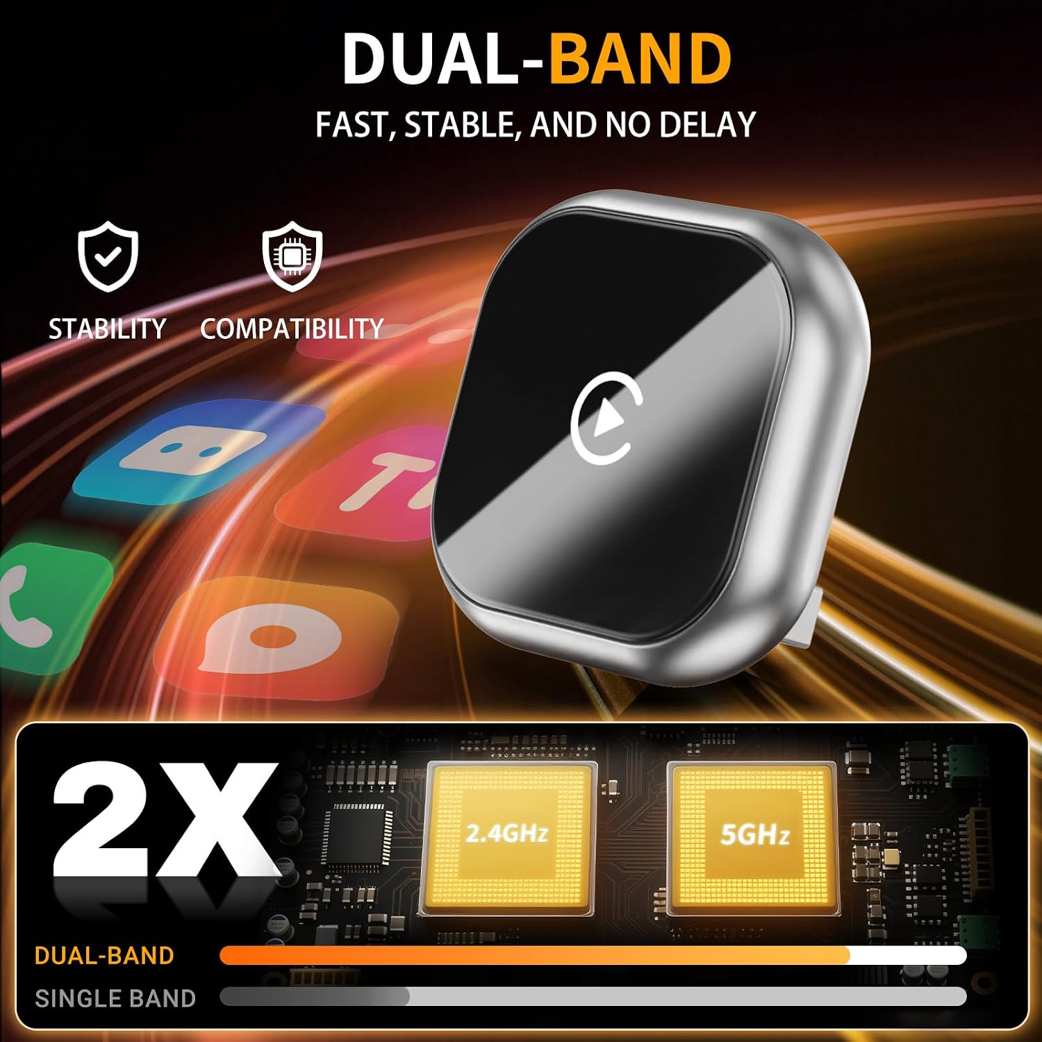 Wireless CarPlay and Android Auto Adapter, Mini Size Car Play Adapter, Plug and Play, Fast Connection for iPhone iOS 10+ and Android 11+ Version