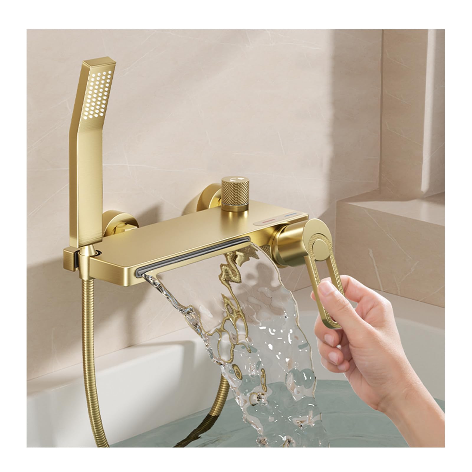 Rubinetto Vasca da Bagno con Doccetta, Miscelatore Doccia Cascata Miscelatore Vasca da Bagno Caldo o Freddo Rubinetto Doccia Ottone Oro Spazzolato