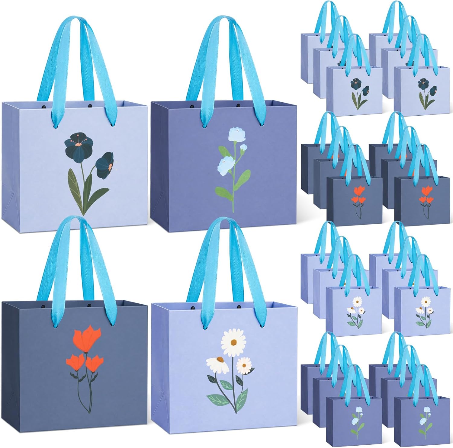 Ctosree 24 Pcs Mini Gift Bags 4.72 x 2.36 x 3.94 Inches Small Goodies Paper Bags with Handle Bulk for Holiday Party Favor Wrapping (Blue Flower)