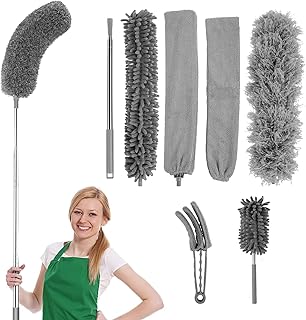 7pcs Feather Duster Bendable Scratch Free Microfiber Duster with 98.4 Inch Telescopic Pole Detachable Washable Dust Cleaning Tool for Ceilings Cars Furniture Cleaning