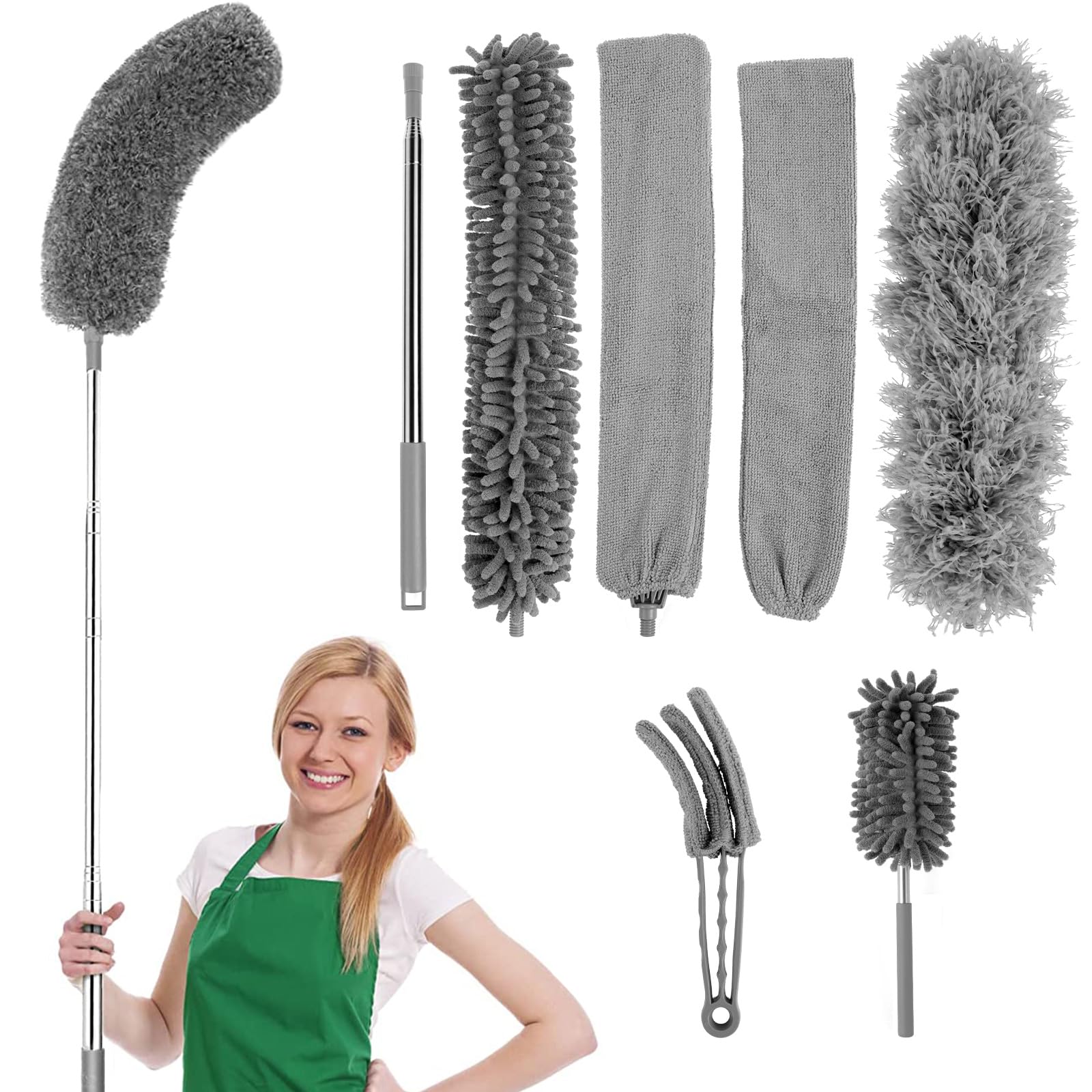 Qinglang Set B 7Pcs Extendable Microfiber Duster With 2.5M Bendable Head - Scratch Free, Detachable And Washable Flat Cleaner For Ceiling Fans, Under Appliances, Cars And Furniture