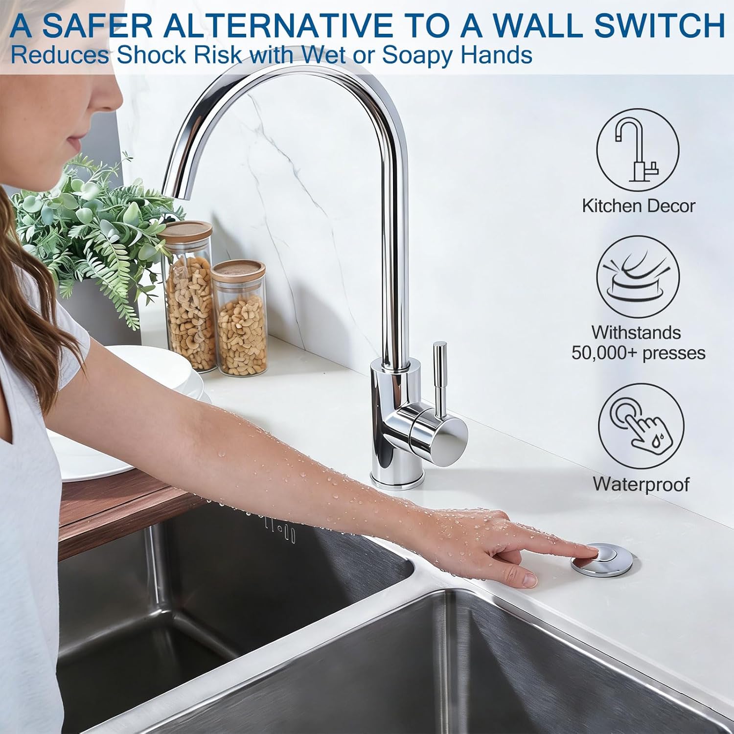 BESTILL Garbage Disposal Air Switch Kit - All Metal, UL Listed Long Push Button for Waste Disposer, Single Outlet Sink Top Solid Brass Air On/Off Button, Polished Chrome