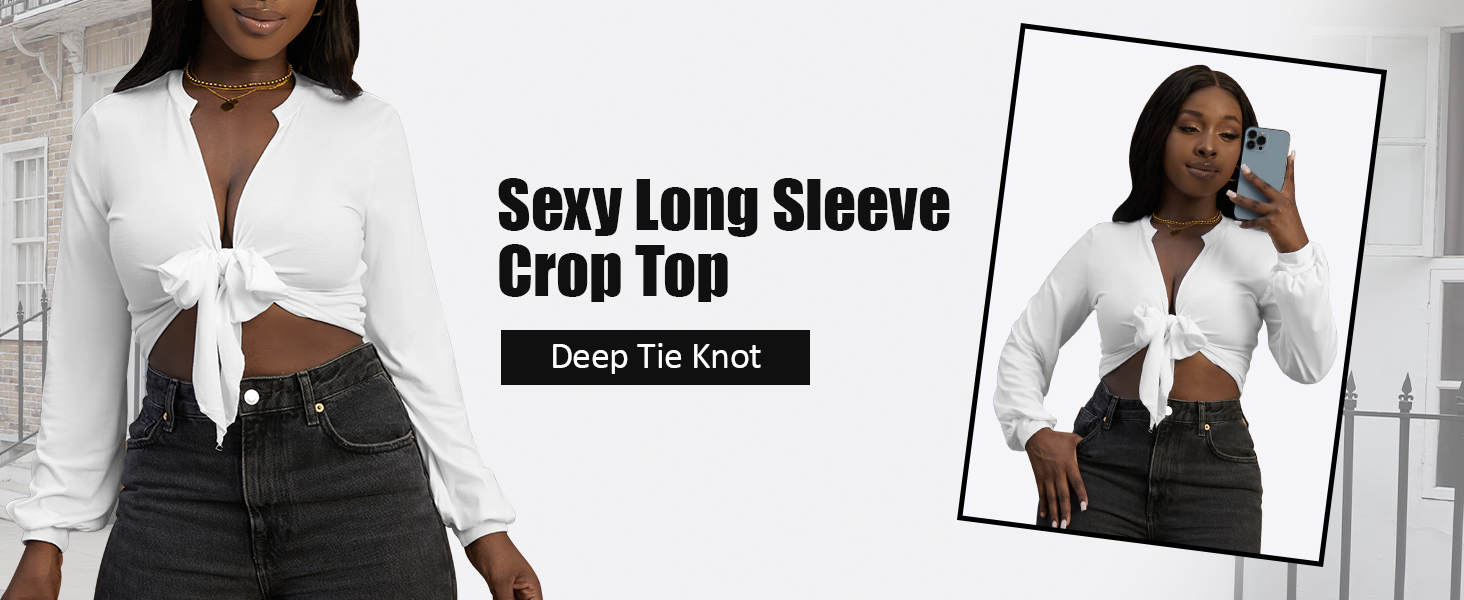 LovelyWholesale Women Tie Front Tops Sexy Cropped Long Sleeve Deep