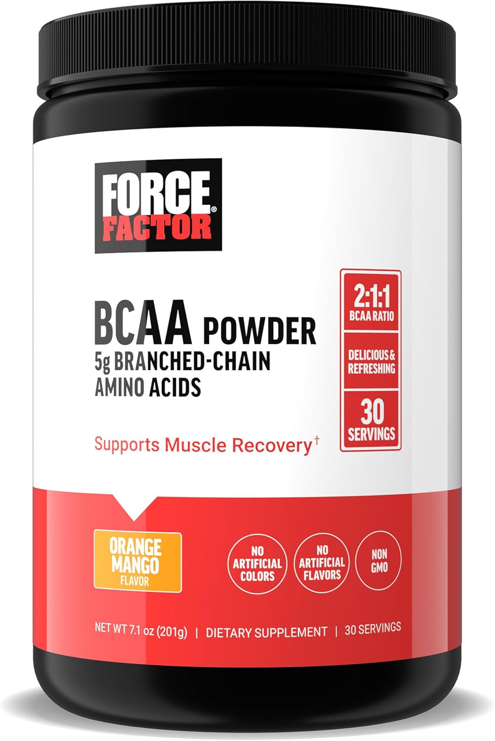 Force Factor BCAA Amino Acids Supplement 2:1:1, Delicious and Refreshing BCAA Powder to Support Muscle Recovery and Performance, No Artificial Colors or Flavors, Orange Mango, 30 Servings