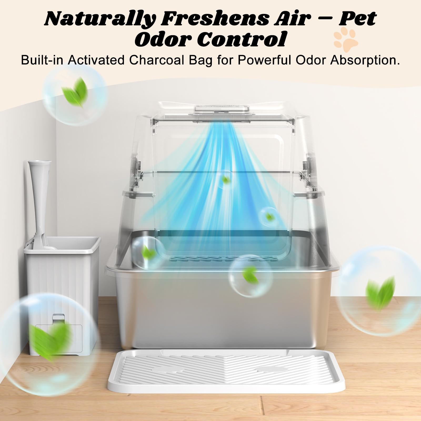 AIPERRO Caja de arena cerrada para gatos de acero inoxidable con tapa, caja de arena de metal con tapa de filtro de alta cara con juego de cuchara para gatos grandes, antiadherente, antifugas, fácil