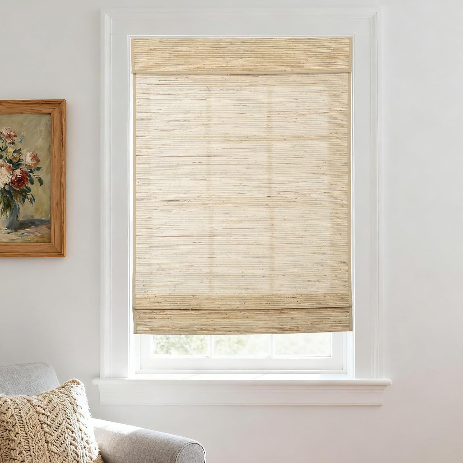 AOZORA Cordless Bamboo Roman Shades, Woven Linen Roman Blinds, Light Filtering Natural Blinds with Border, Woven Beige, 30" W x 48" H