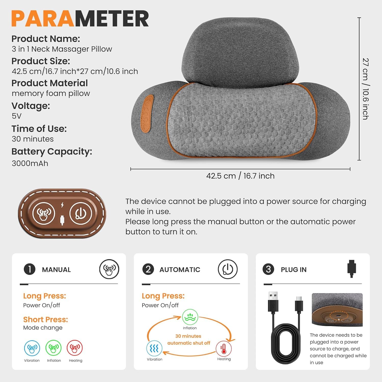Fisiorest 3-in-1 Neck Massager Pillow, Neck Massager- Ergonomic Hump Neck Pillows with Traction, Heat & Vibration, Memory Foam Traction Cervical Pillows for Sleeping Deep Relaxation (Brown) — view 6