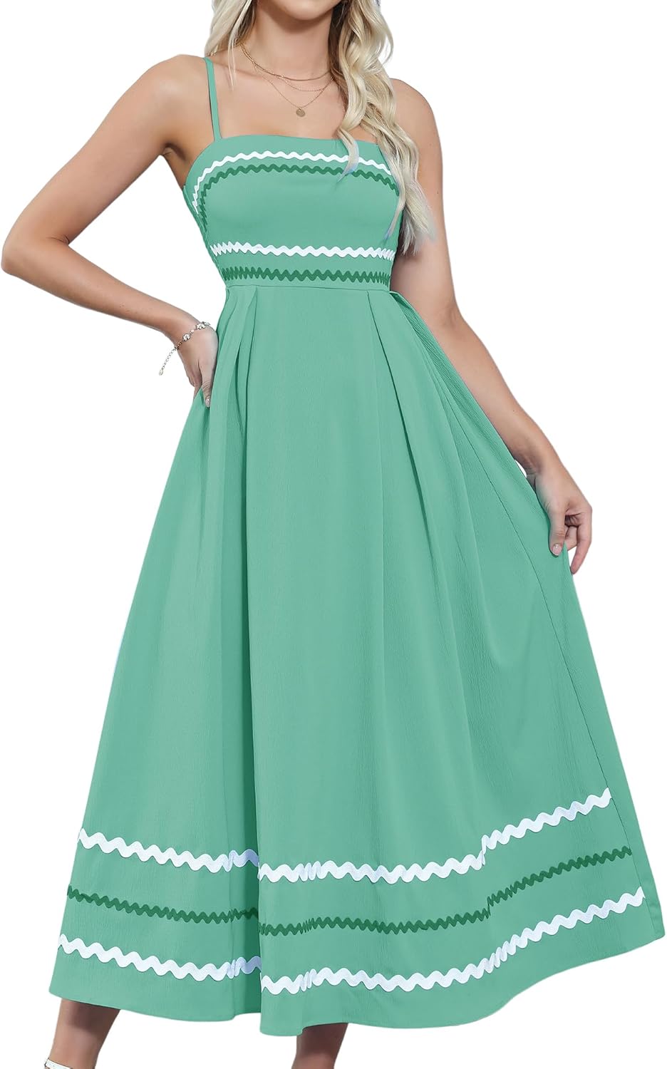 Gardenwed Women's Spaghetti Strap Maxi Dress, Rick Rack Trim Sleeveless A-Line Summer Casual Beach Dress Medium Green