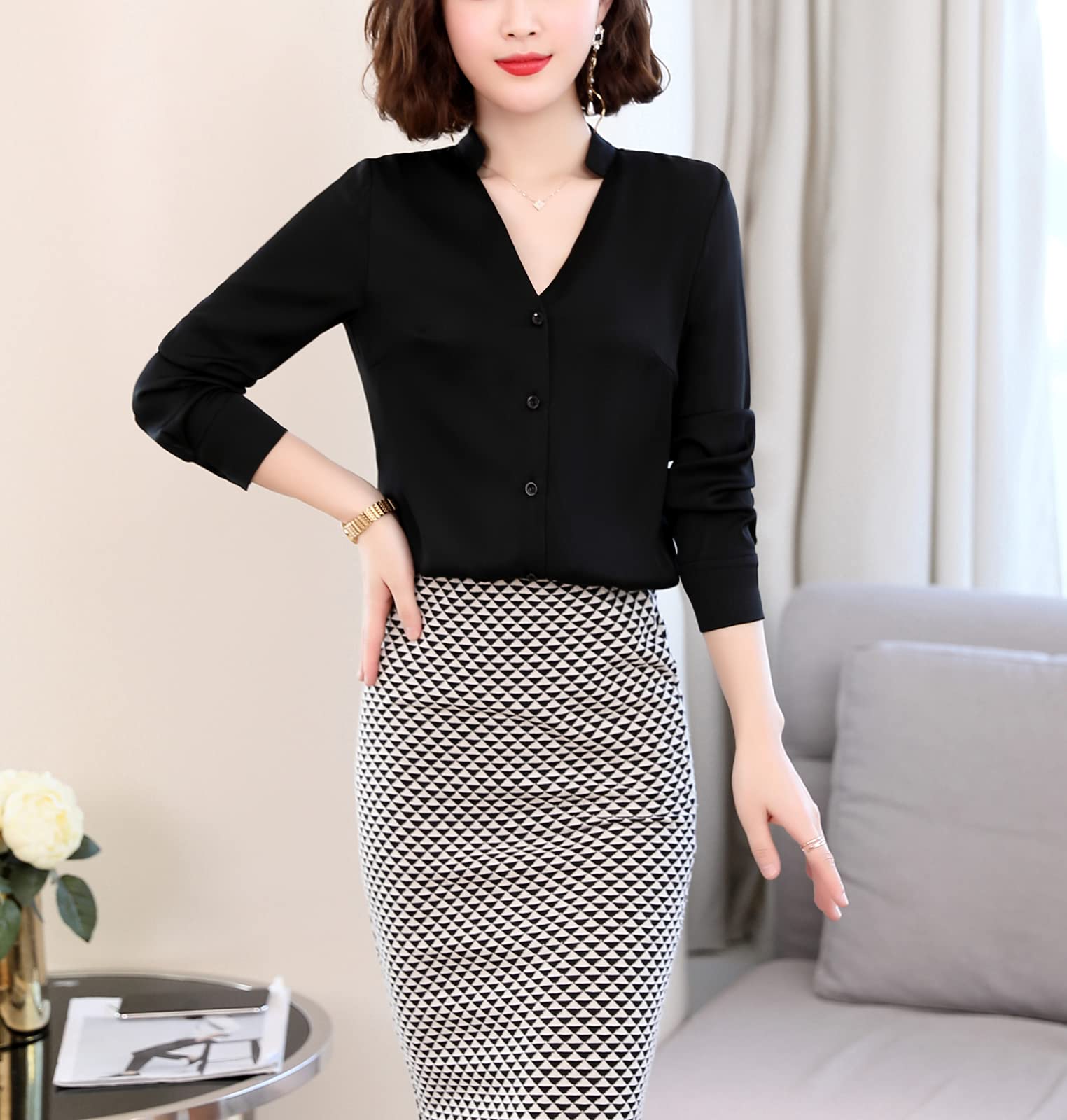 Valin Blusa de seda para mujer Camisa Sólido Botón Abajo Camisas Blusa de Manga Larga Cuello en V Blusa de Seda,S1902
