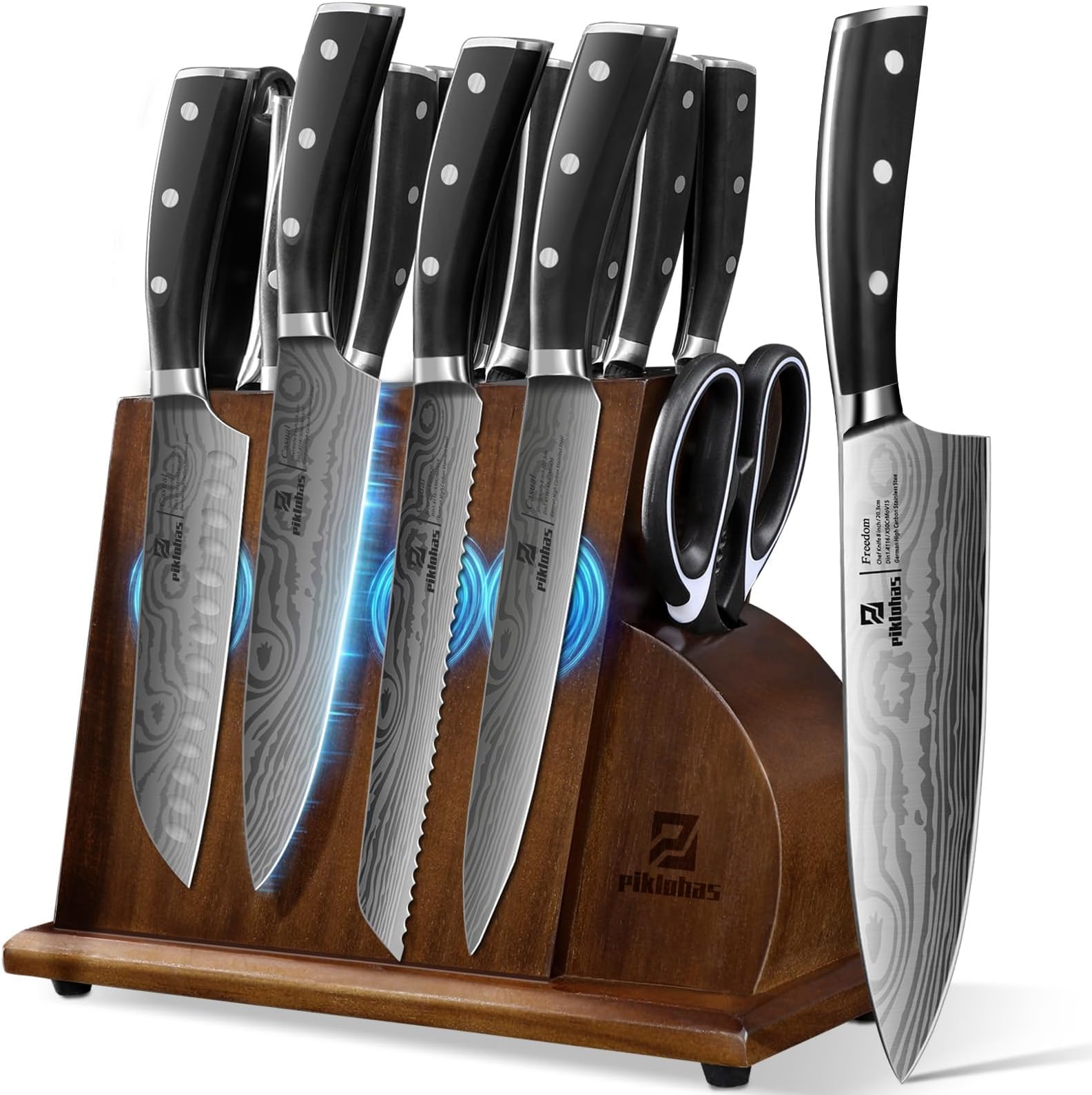 Kitchen Knife Sets For Kitchen With Block, 17 Pieces With Magnetic Knife Holder, German High Carbon Stainless Steel Damascus Pattern Chef Knife Set With Sharpener, Steak Knives