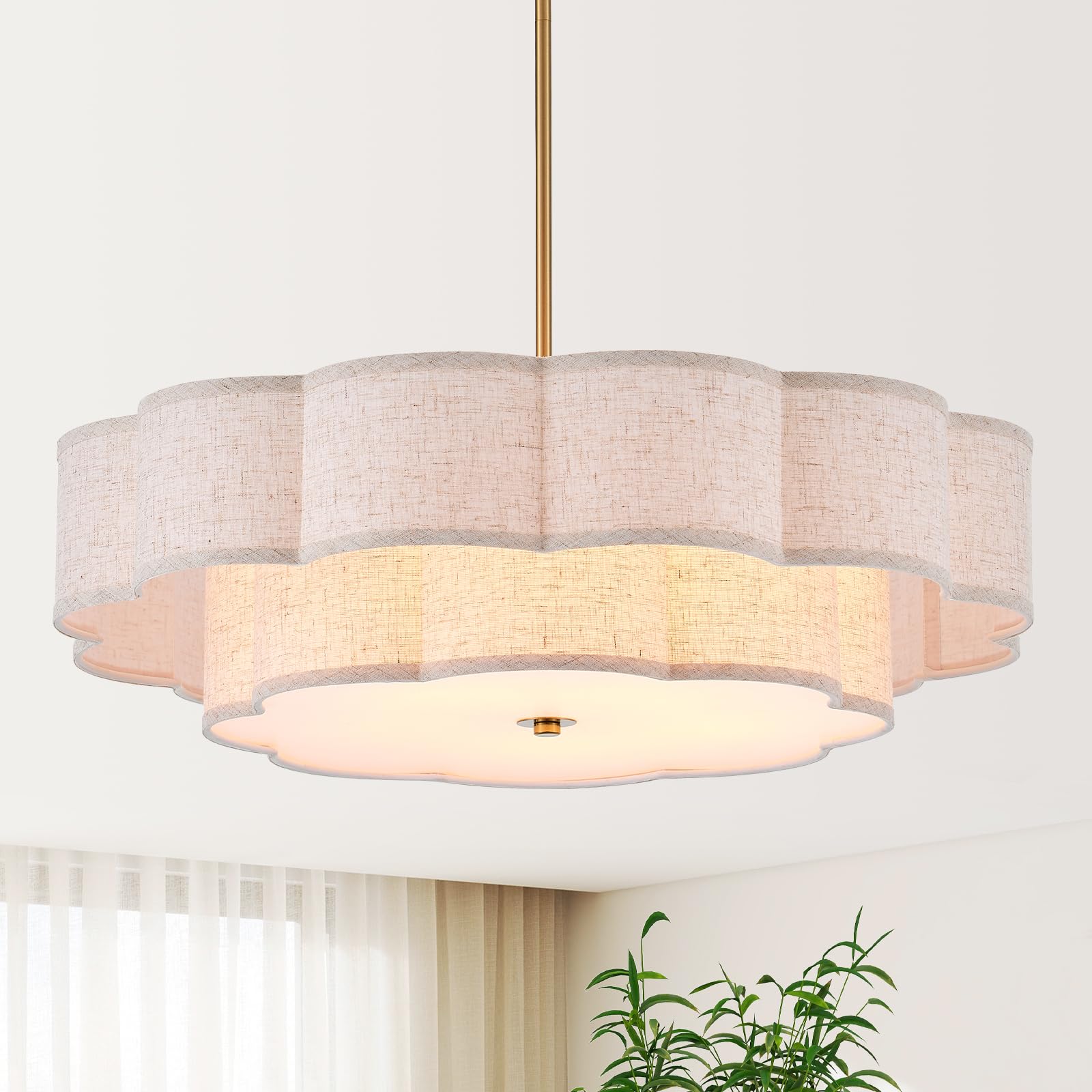 25.6" Large Drum Chandelier, 5-Light Gold Linen Light Fixture