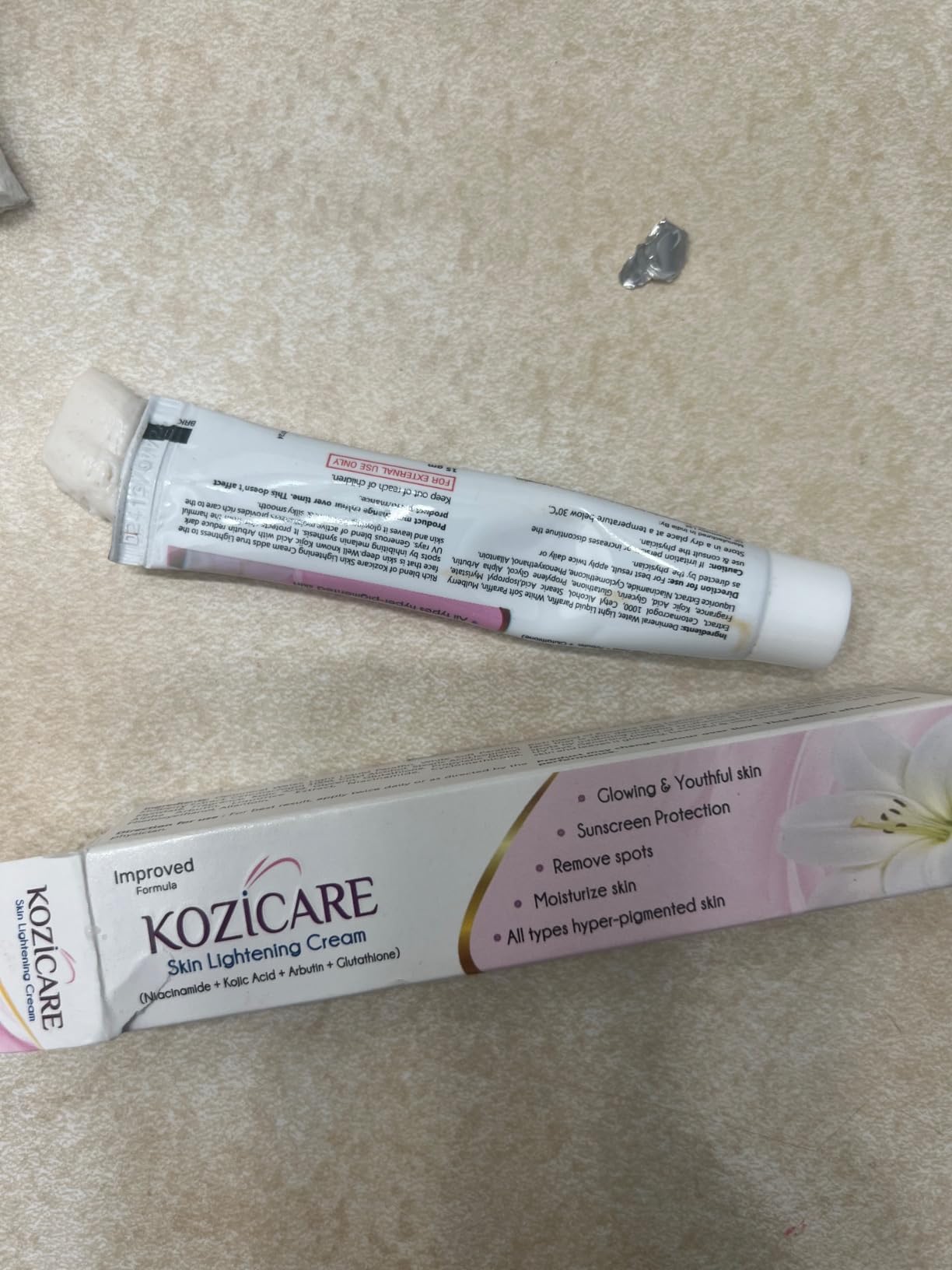 Organic Care Kozicare Skin Lightening Cream with Kojic Acid, Arbutin, Glutathione | All Types Hyper Pigmented Skin, Remove Spots- 15g