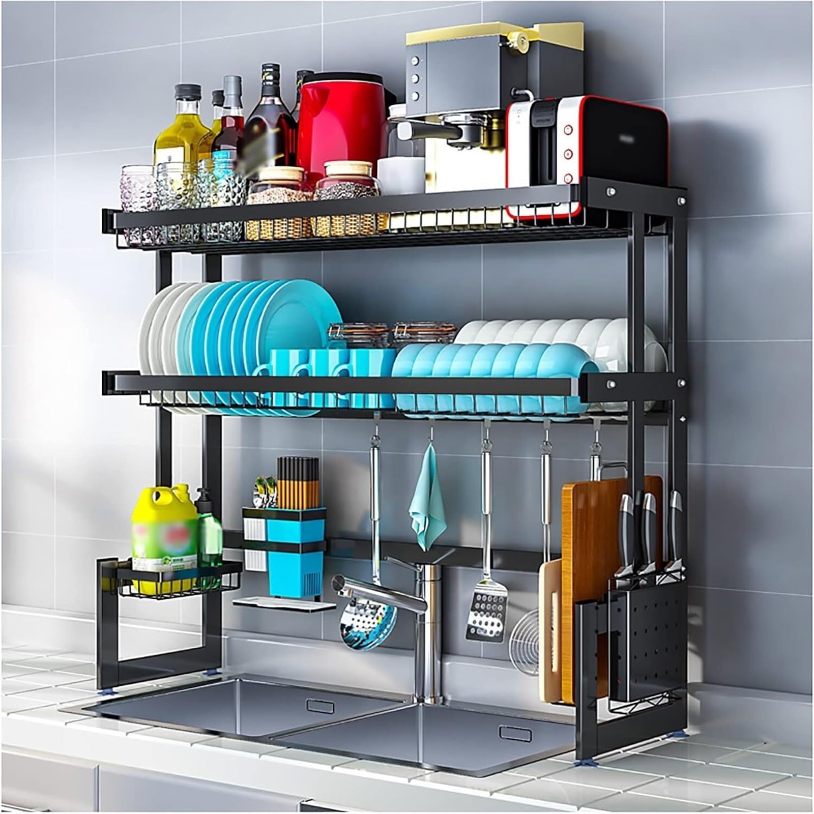 Escurridor de Platos de Acero Inoxidable para Colocar sobre el Fregadero, con Soporte para Utensilios y Fregadero, Color Negro, 74 cm - Ahorra Espacio, Duradero, diseño Moderno par