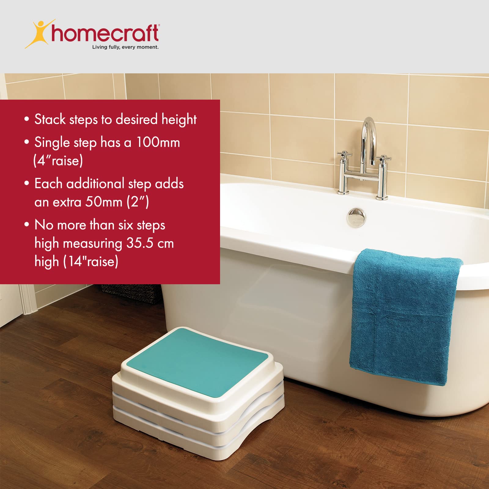 Homecraft Savanah Modular Bath Step, Aid for Getting Into and Out of Bath or Shower, Textured Slip Resistance Step, Stackable for Customer Height, Adjustability