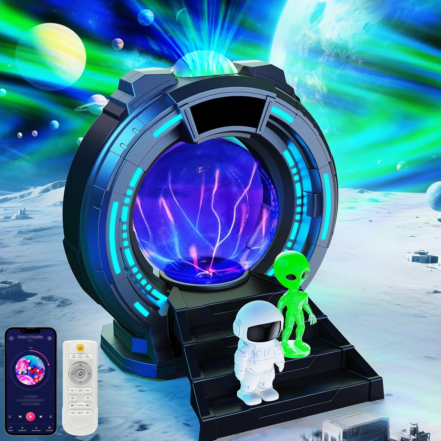 AONESY Aurora Projector with Plasma Ball, 8-in-1 Sci-Fi Gateway Galaxy Projector with Astronaut & Alien Figurines, Space Star Galaxy Night Light Bluetooth Speaker, Alarm Clock, White Noise