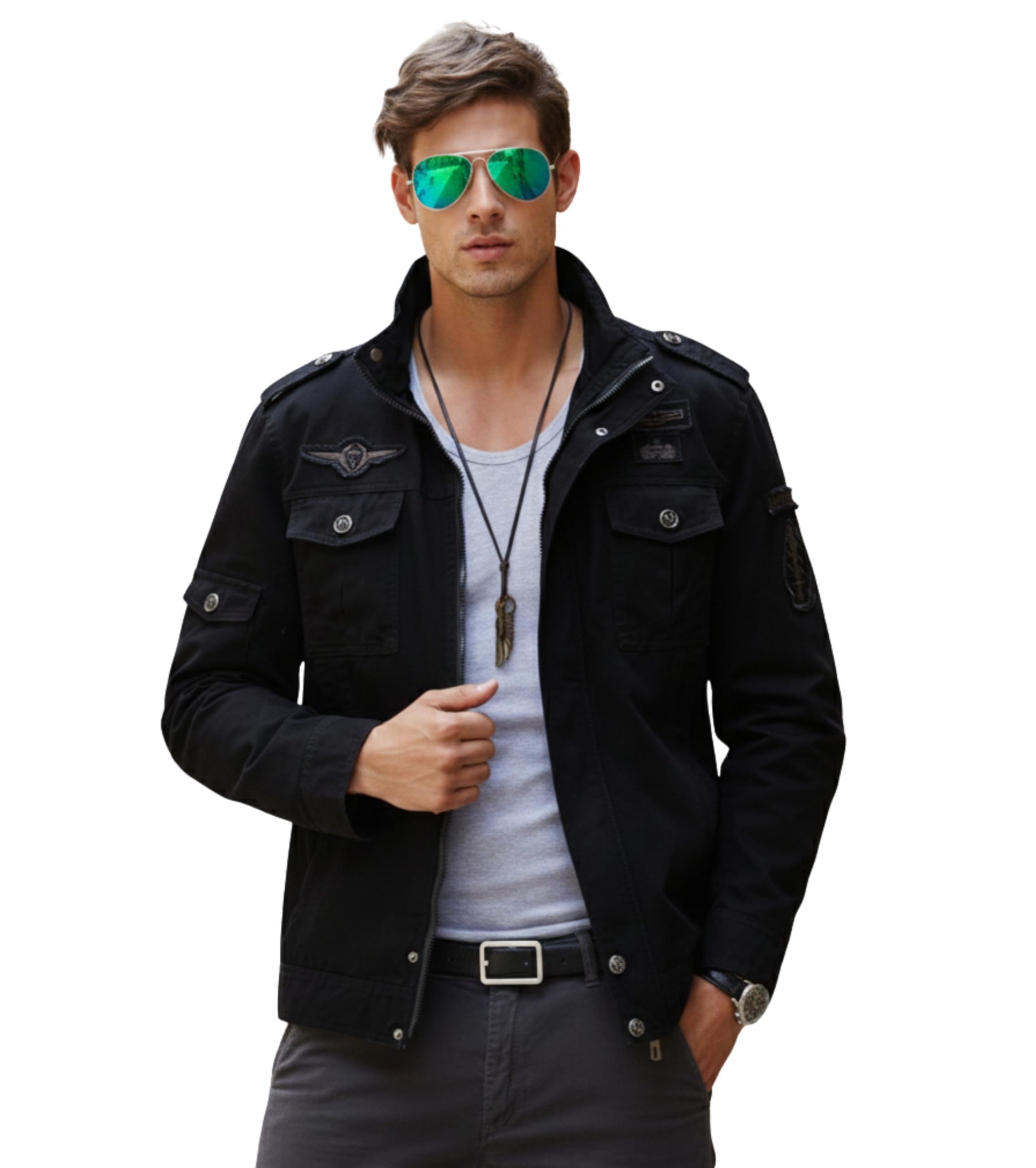 L'MONTE Imported Casual Cotton Military Stand Collar Bomber Jacket for Men (XXL, Black)