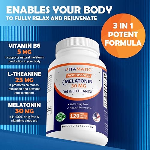 Miniatura 7 de Vitamatic Melatonina 30 mg - con B6 y L-teanina - 120 tabletas de disolución rápida con sabor a bayas naturales (2 tabletas dosis  melatonina 60 mg)