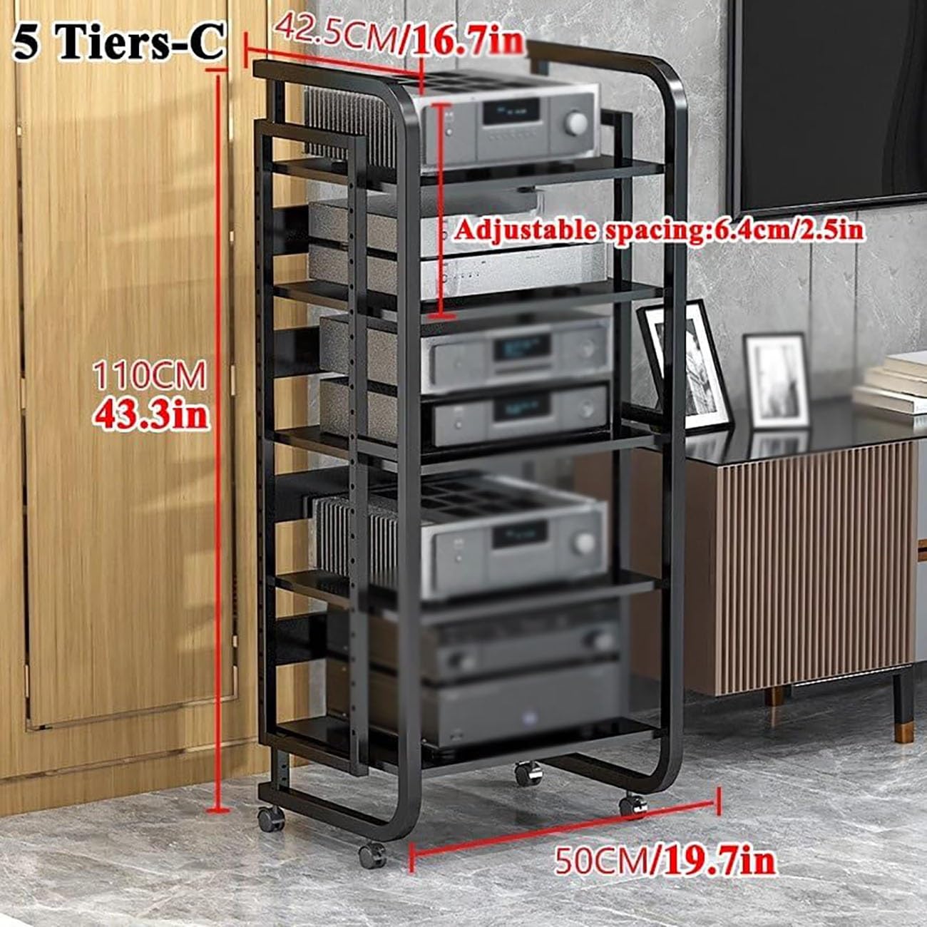 Generico Supporto HiFi Metallico A 5 Ripiani Con Ruote,rack Aperto Per Apparecchi AV, Carrello Mobile Nero Per Amplificatori, Lettori CD E Decoder Audio Per Home Theatre Domestico