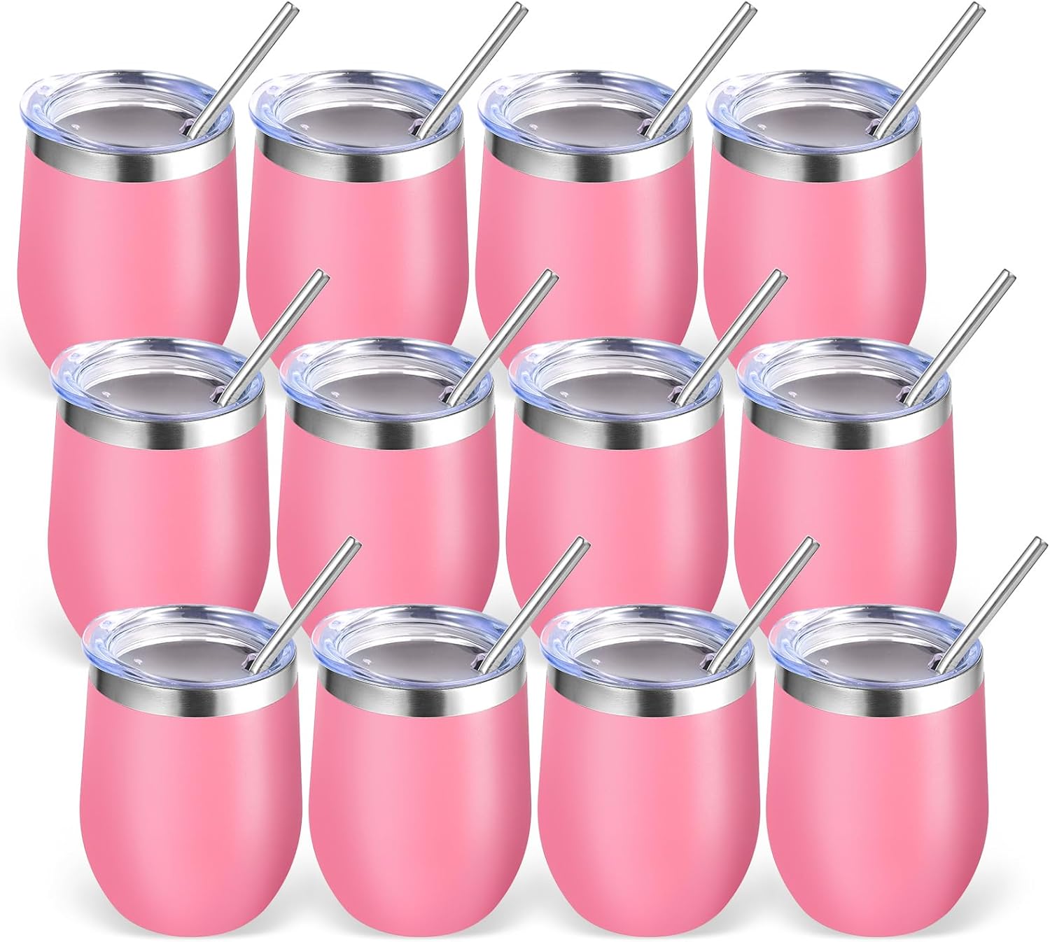 Volhoply 12oz Stainless Steel Wine Tumbler with Lid Bulk 12 Pack,Double Wall Vacuum Stemless Wine Glasses,Reusable Metal Travel Coffe Mug with Straw,Insulated Cups Gifts for Christmas(Pink,12 Set)