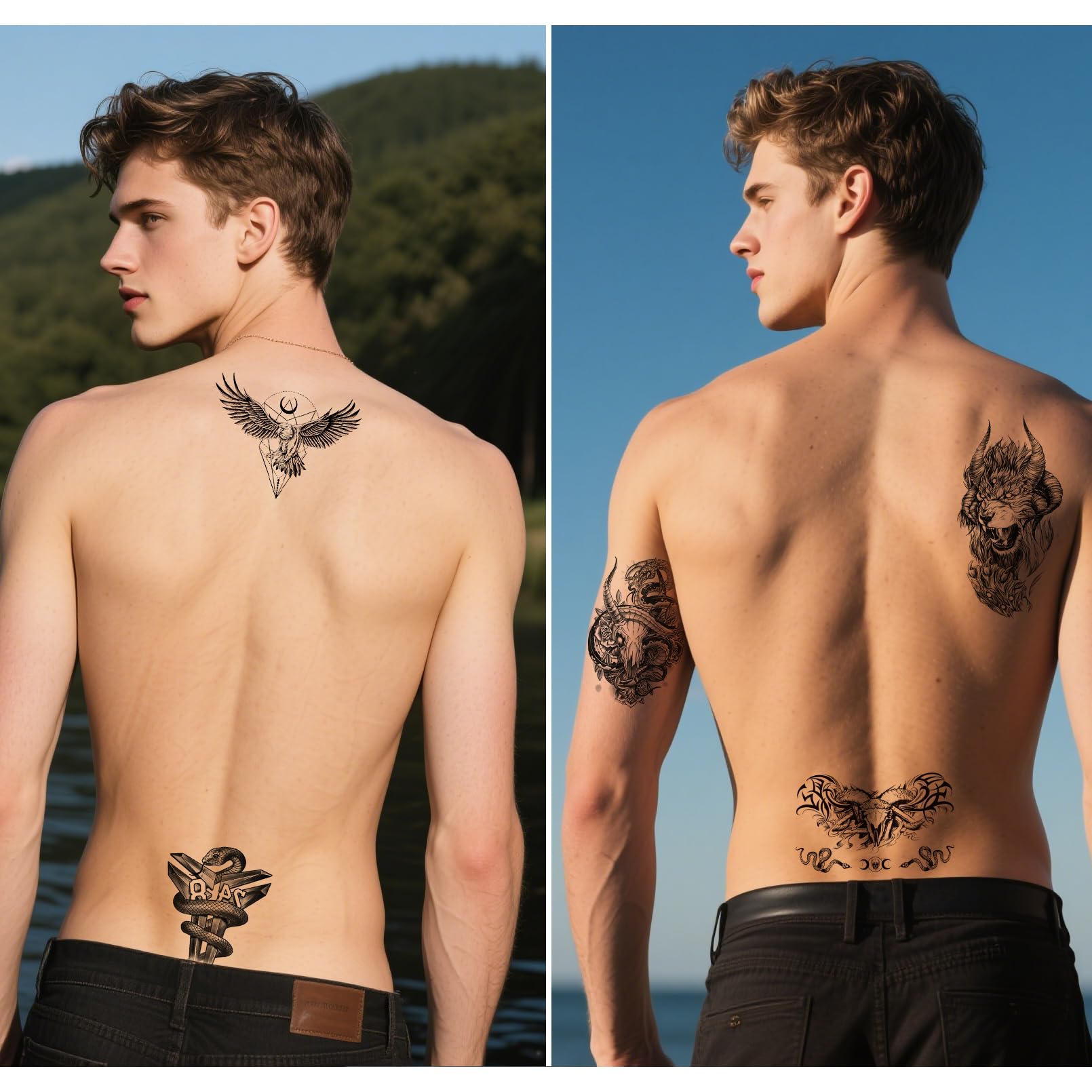 Temporary Tattoos for Men 24 Sheets Mixed Style Temporary Tattoos Stickers for Adults Scary Dragon Snake Tiger Skull Skeleton Fake Tattoos Half Arm Temporary Tattoo for BBQ Pool Beach Party - Image 3