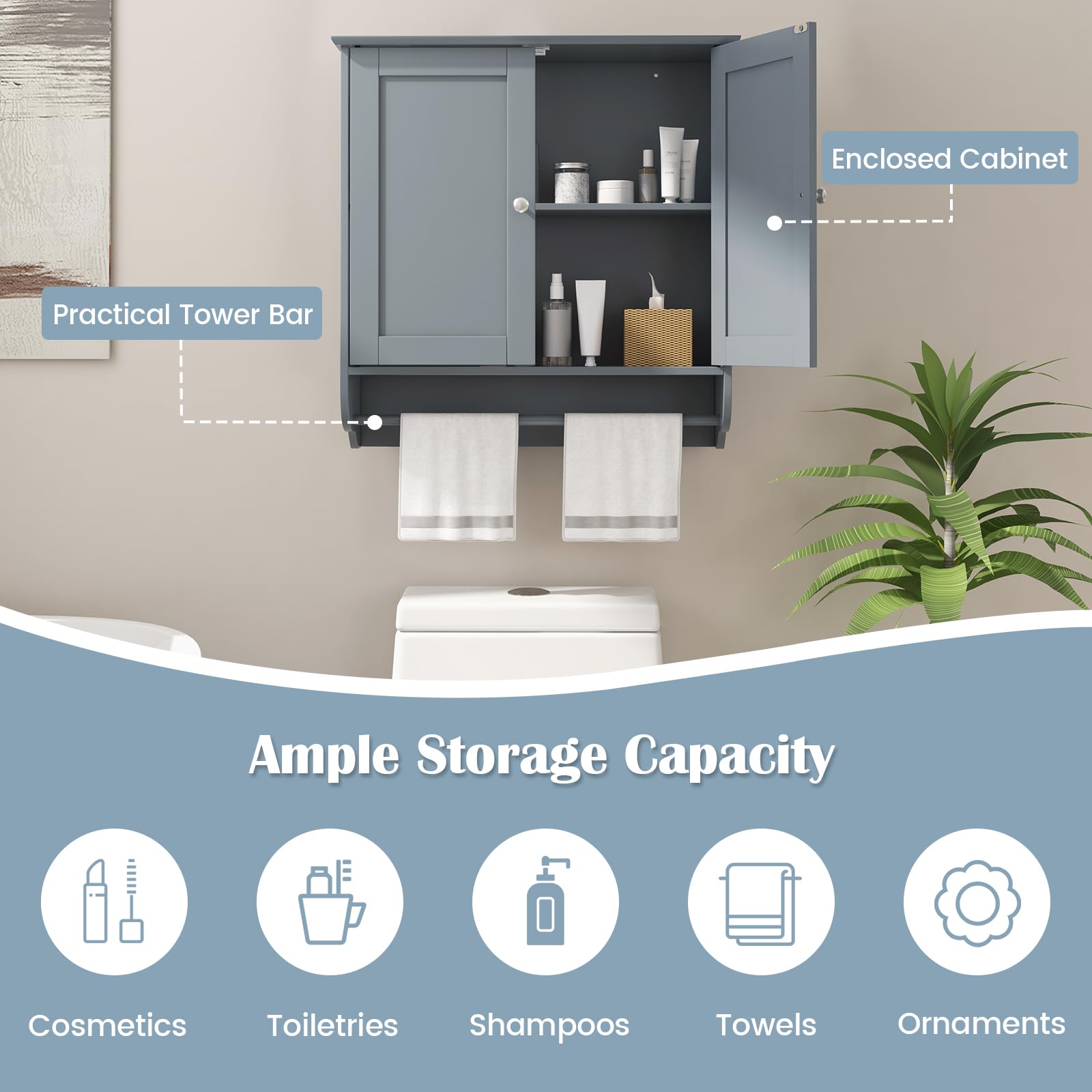 Armoire Murale Salle De Bain COSTWAY - 60,5x20x72,5 Cm, Portes Grange, Étagère Réglable | Rangement Suspendu Pour Buanderie, Cuisine, Blanc