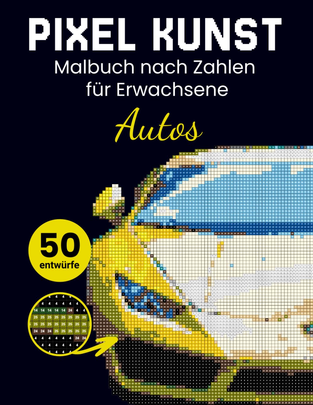 Pixel kunst Auto Malbuch nach Zahlen für Erwachsene. Mystery Mosaik quadratisch. Ausmalen nach Zahlen. Motive enthüllen afrikanische und europäische Autos.