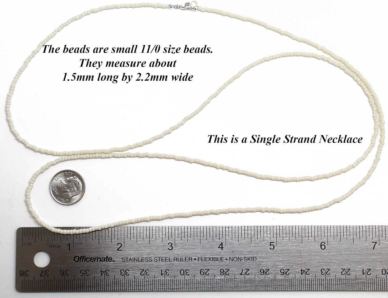 Handmade Frosted Light Beige Seed Bead Necklace, Thin 1.5mm Single Strand