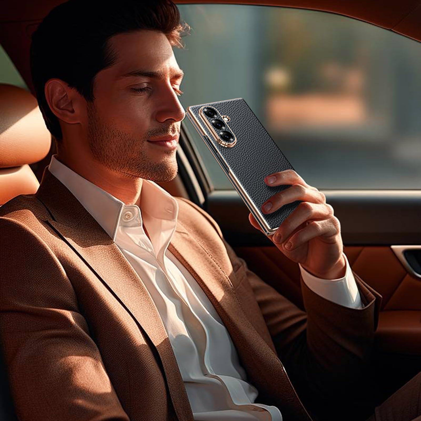 Etui z klapką do Samsung Galaxy Z Fold 7, smukłe luksusowe etui biznesowe z motywem liczi z prawdziwej skóry z ocynkowaną obudową, czarny, Z Fold 7