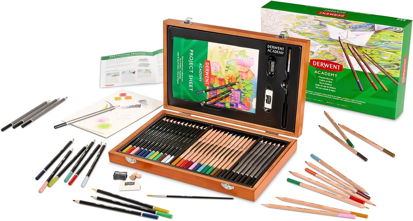 Derwent Academy Wooden Gift Box Complete Starter 35 Piece Art Set - Painting, Drawing & Colouring set with Accessories for Arts & Crafts - Premium Hobbyist Quality Pencil Set for Adults & Teens