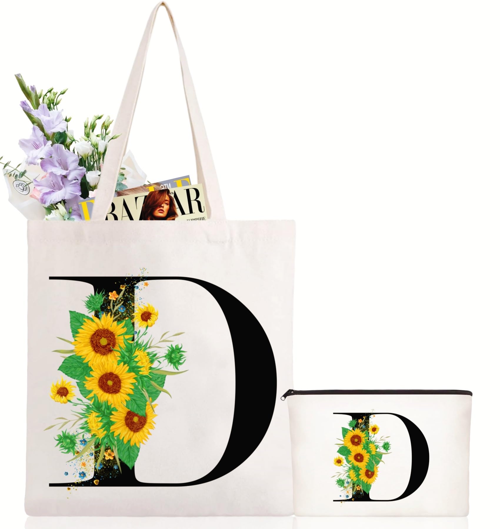 Andeiltech Initial Canvas Tote Bag Sunflower Letter Personalized Makeup Bag Monogrammed Gift for Bridesmaids Birthday Wedding