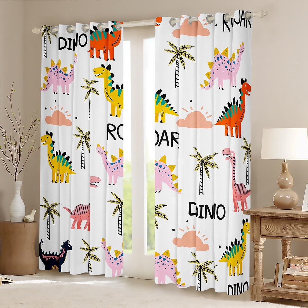 Homewish Rideau Occultant 117x183 cm Les Dinosaures,Rideau Animaux de Dessins Animés,Rideaux Voilage Plante de Palme Tropicale,Voilage Fenetre Enfant Garçons Filles Adultes Botanique pour Chambre