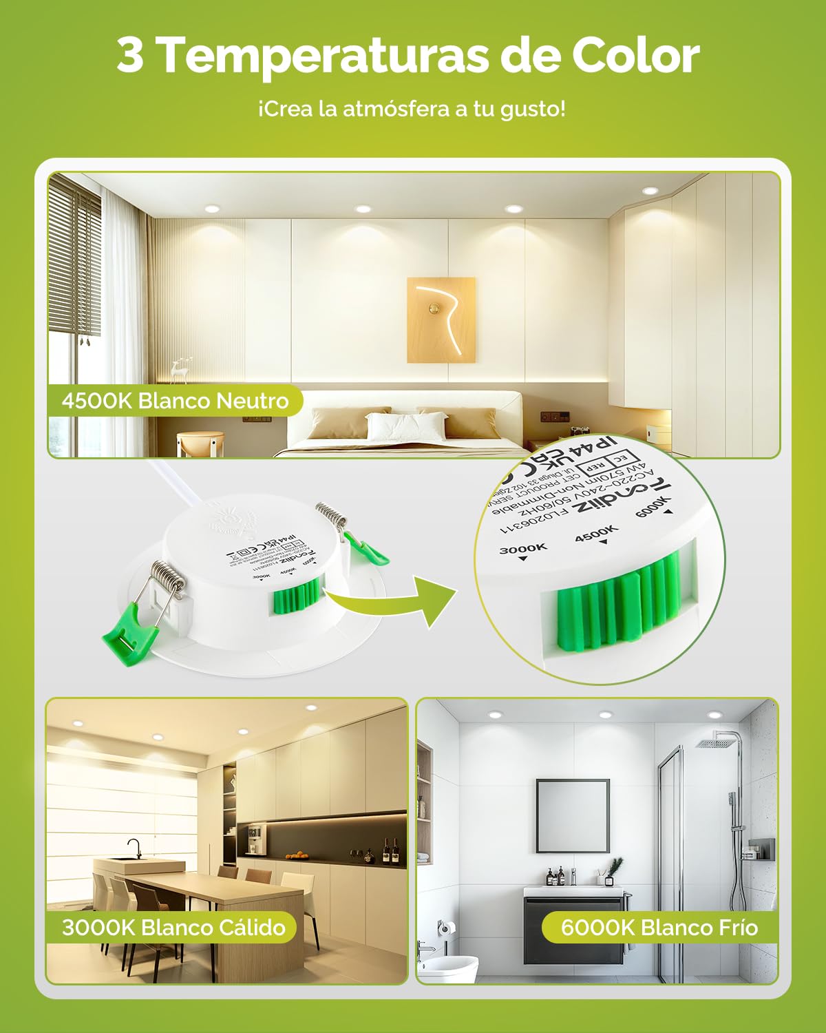 Fondiiz 20 Pack Downlight LED Techo Empotrable, 4W 570LM Foco Empotrable LED Techo Blanco Cálido 3000K Blanco Neutro 4500K Blanca Frío 6000K, IP44 Ojos de Buey led para techo Baño, Corte 68mm-80mm