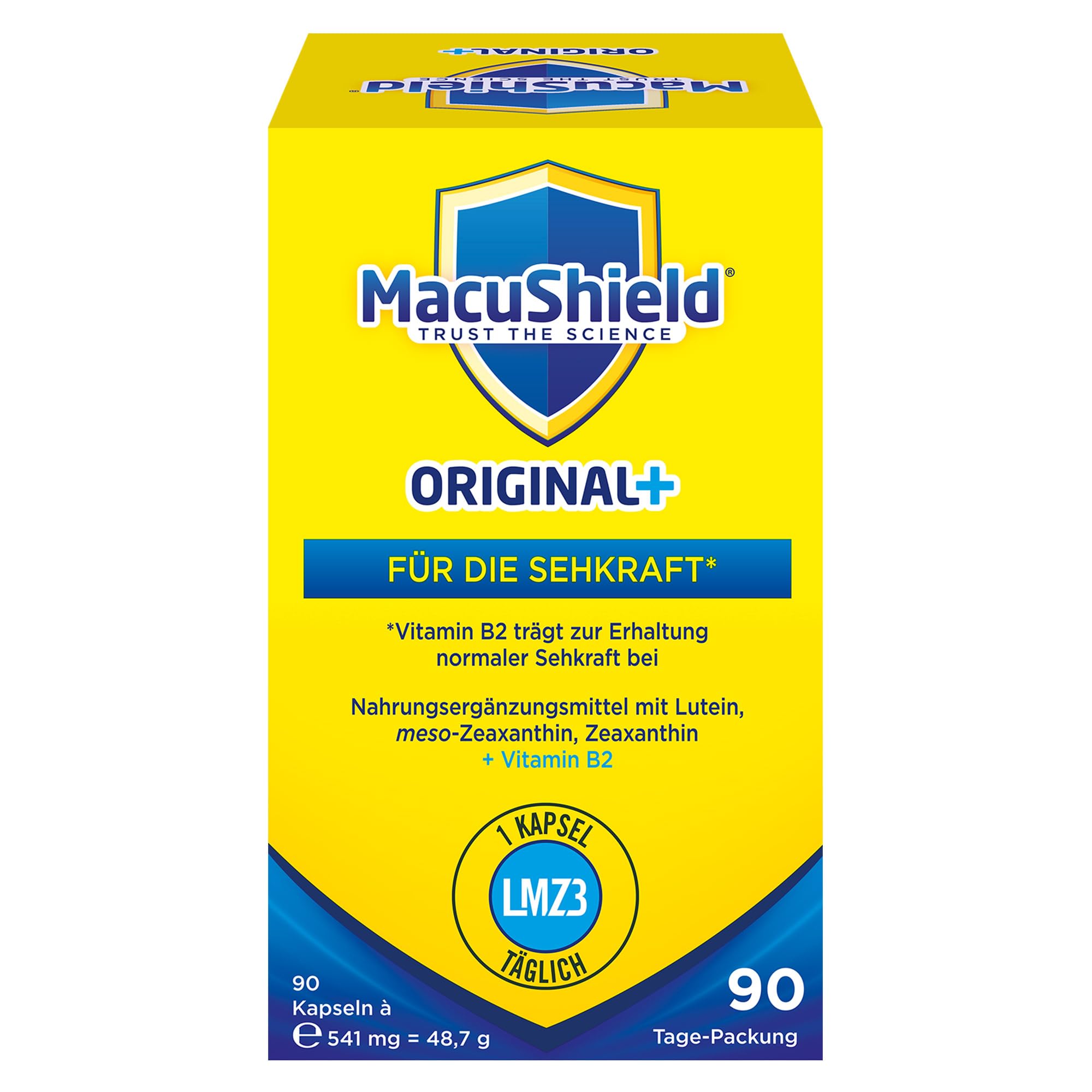 MacuShield® Original+ unterstützt den Erhalt der normalen Sehkraft mit Lutein, Zeaxanthin und meso-Zeaxanthin + Vitamin B2.* 90-Tage-Packung