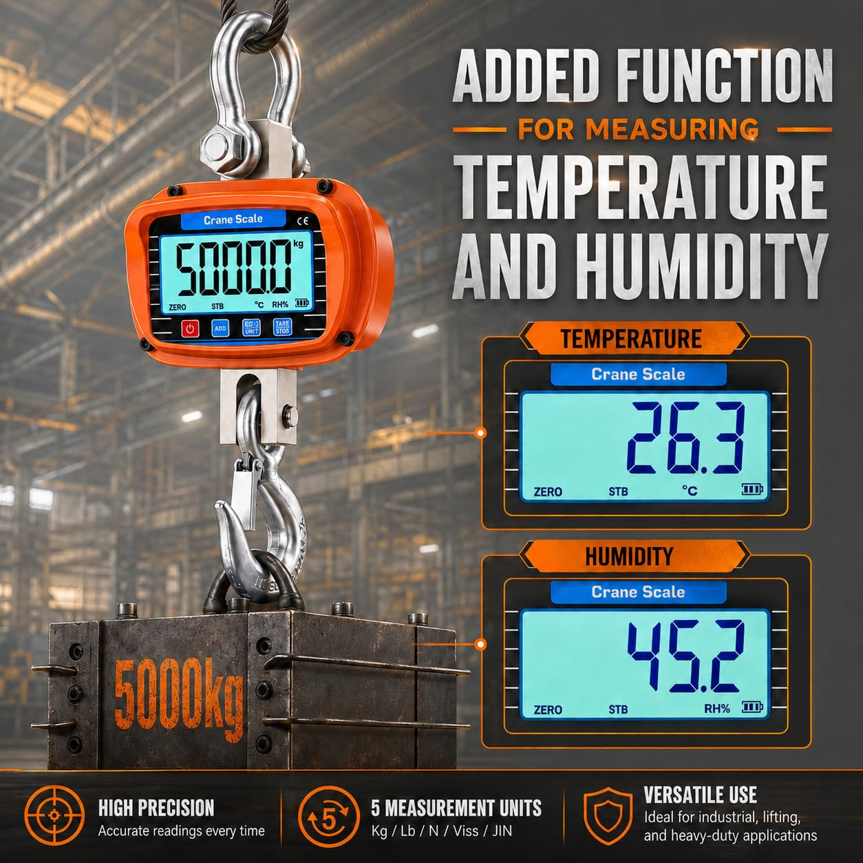 Báscula de grúa de 5000 kg, Báscula de Grúa Electrónica 5T,Colgante Industrial con sensor preciso, pantalla LCD grande y control remoto, temperatura y humedad para Agricultura e industria