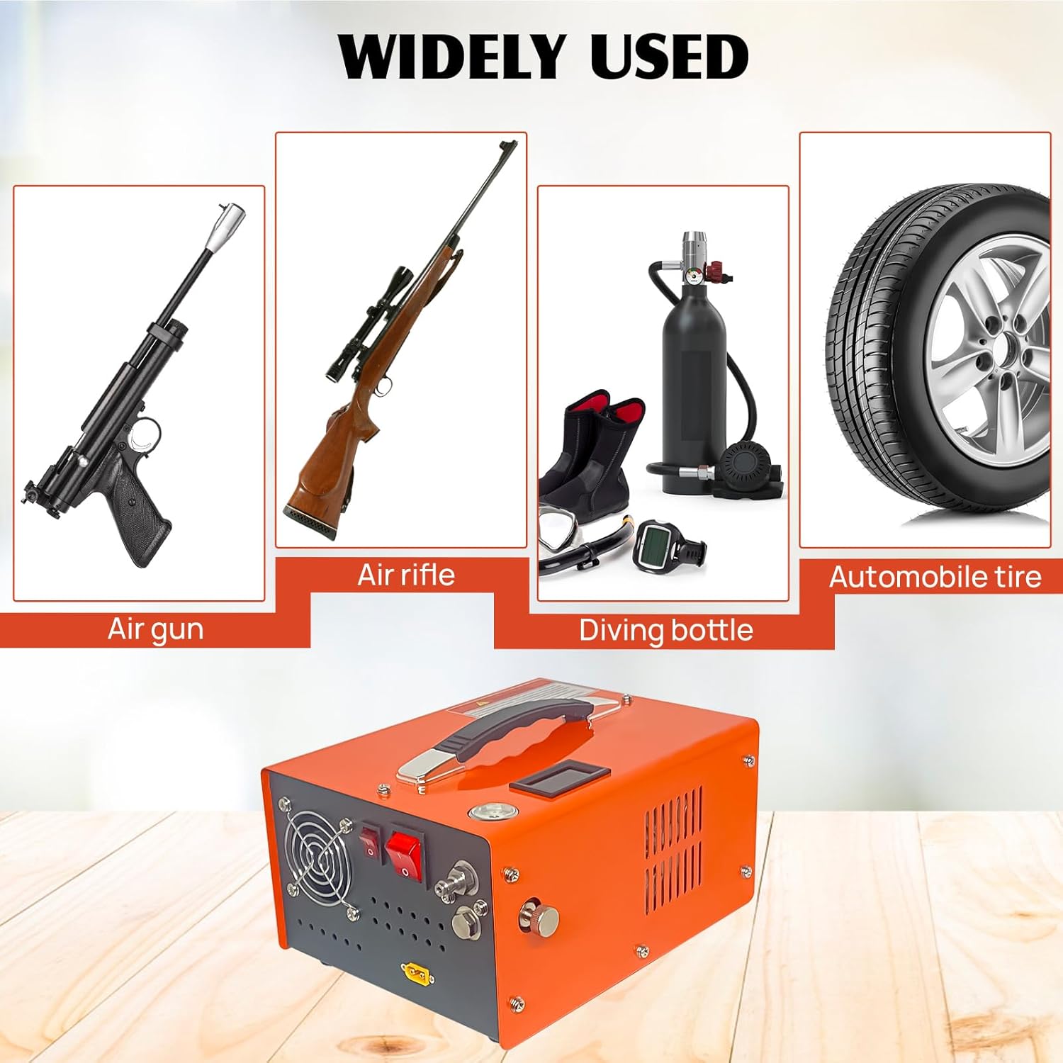 PCP Air Compressor 4500Psi/30Mpa Water/Oil Free PCP Air Pump Rifle/Pistol Paintball Cans Powered 12V Automotive DC 110V AC For Home Use With Power Converter And Oil-moisture Filter (ORANGE)