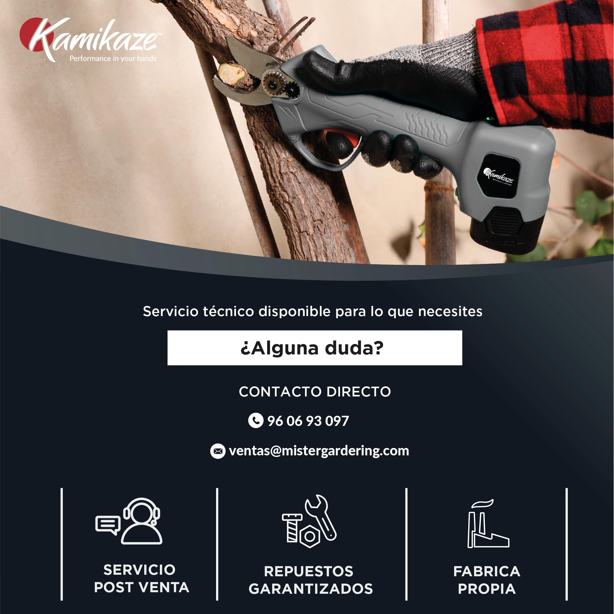 KAMIKAZE KV280 Tijera Eléctrica de Poda Inalámbrica 150W Corte Máximo Ø 25 mm Incluye 2 Baterías Litio de 14V con autonomía de 2500 cortes, Cargador y Kit de Herramientas Diseño Patentado.