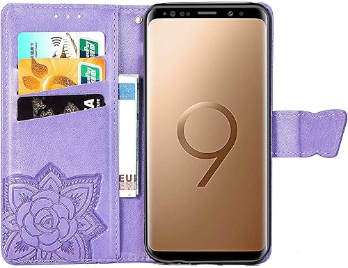 Miniatura 2 de MEUPZZK Funda tipo cartera para Samsung Galaxy S9, piel sintética de alta calidad con diseño de flor de mariposa en relieve, función atril, ranuras