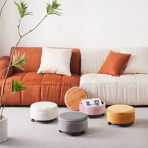 Miniatura 8 de Mxfurhawa Taburete otomano de terciopelo con ruedas redondas con ruedas de 360, reposapiés, silla de centro baja, reposapiés, cambiador de zapatos