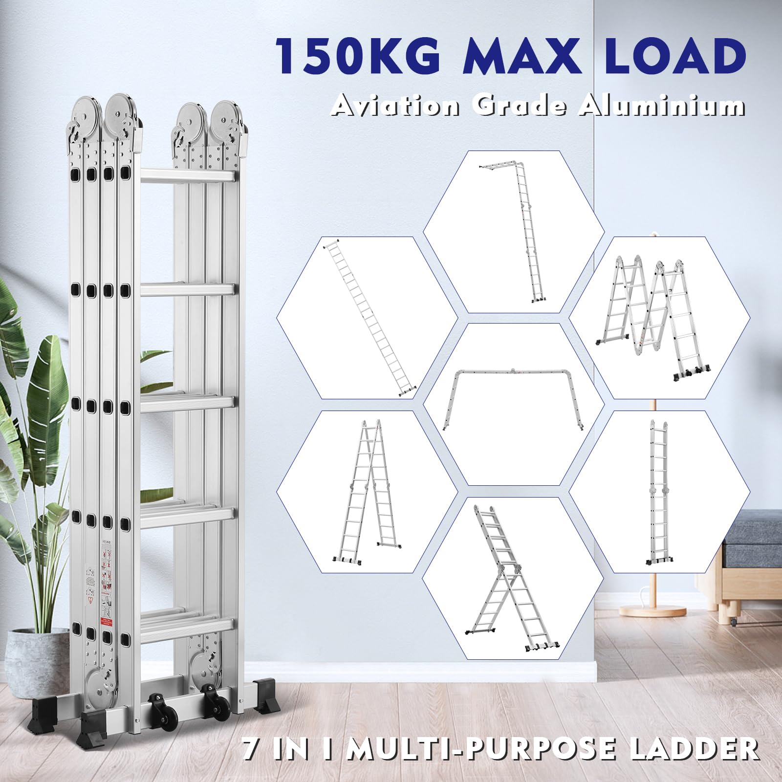 TEENO Escalera Multiusos 7 en 1, 4x5 Escalones 5.82 M de Aluminio, Escalera multifunción con 2 Plataformas y 2 Ruedas Rimovibili, 20 Peldaños, Carga Máxima de 150 kg, para Pintar, Techos, Jardín
