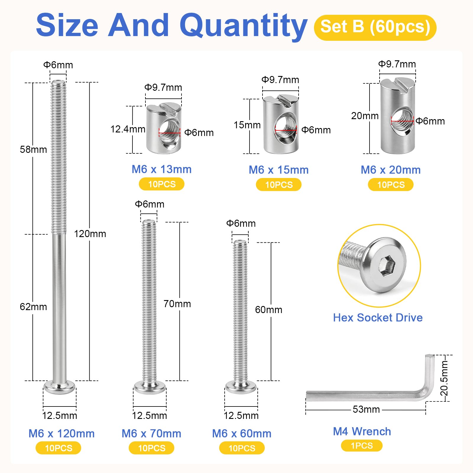 Kit de 60 tornillos para muebles con tuercas cilíndricas (Set B) incluye tuercas simétricas transversales M6x13/15/20mm y tornillos M6x60/70/120mm (10 cada) Tornillos casquillo para bricolaje