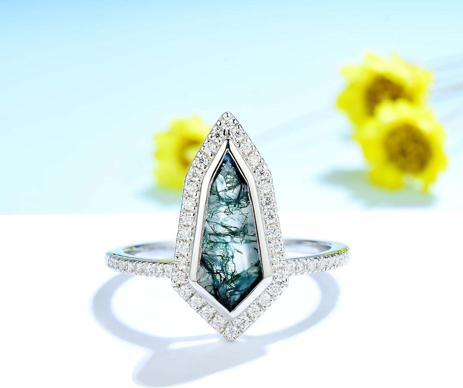 Natural Moss Agate Gemstones Rings for Women Solid 925 Sterling Silver Shield Shape Bezel Set Ring for Engagement Wedding Jewelry Trendy - Image 2