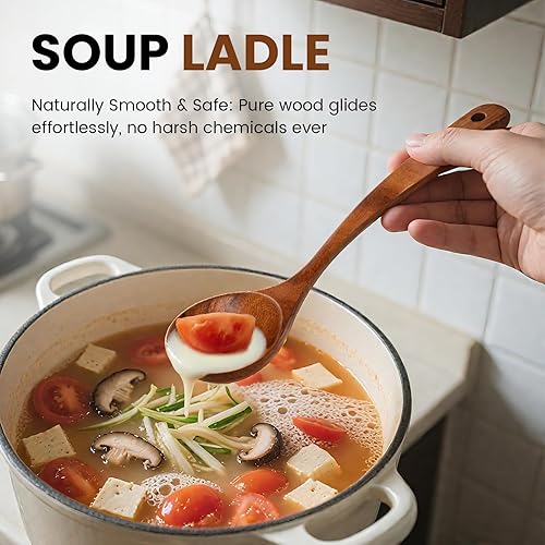 Miniatura 4 de Juego de cucharas de madera para cocinar, tenedor de pasta y cucharón - 2 utensilios de cocina antiadherentes de madera de teca natural para